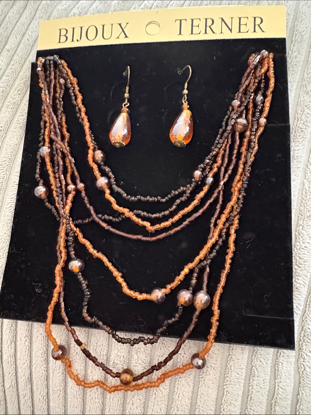 Bijoux Terner Brown & Orange Multi-Strand Beaded Necklace with Matching Earrings